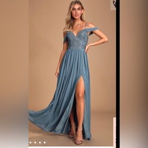 Lulu’s Dancing Darling Slate Blue Off-the-shoulder maxi dress Size L